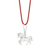 Horse on red cord with ruby eyes 