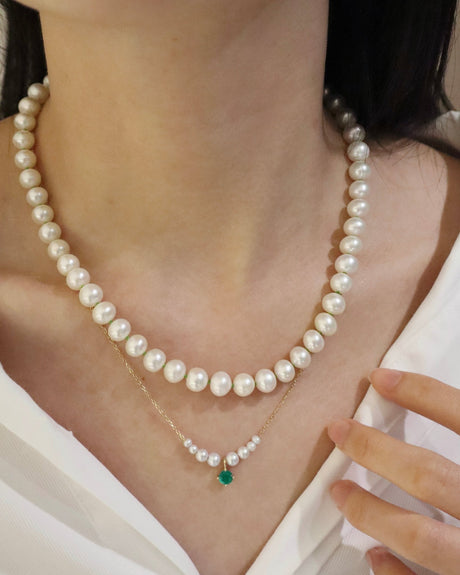 Classic Pearl & Fisheye Closure Necklace handmade fine jewelry  on model