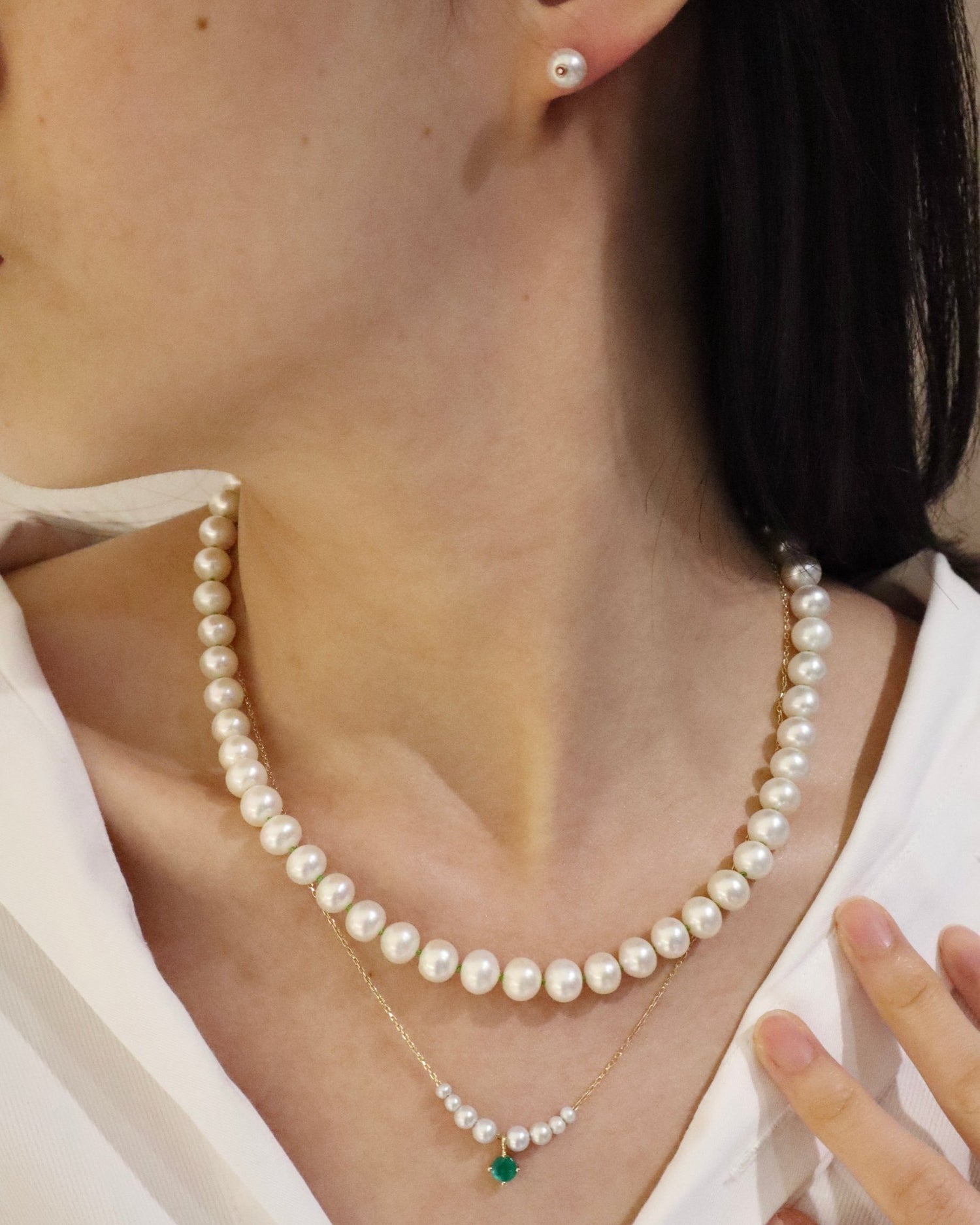 Classic Pearl & Fisheye Closure Necklace handmade fine jewelry  on model 1
