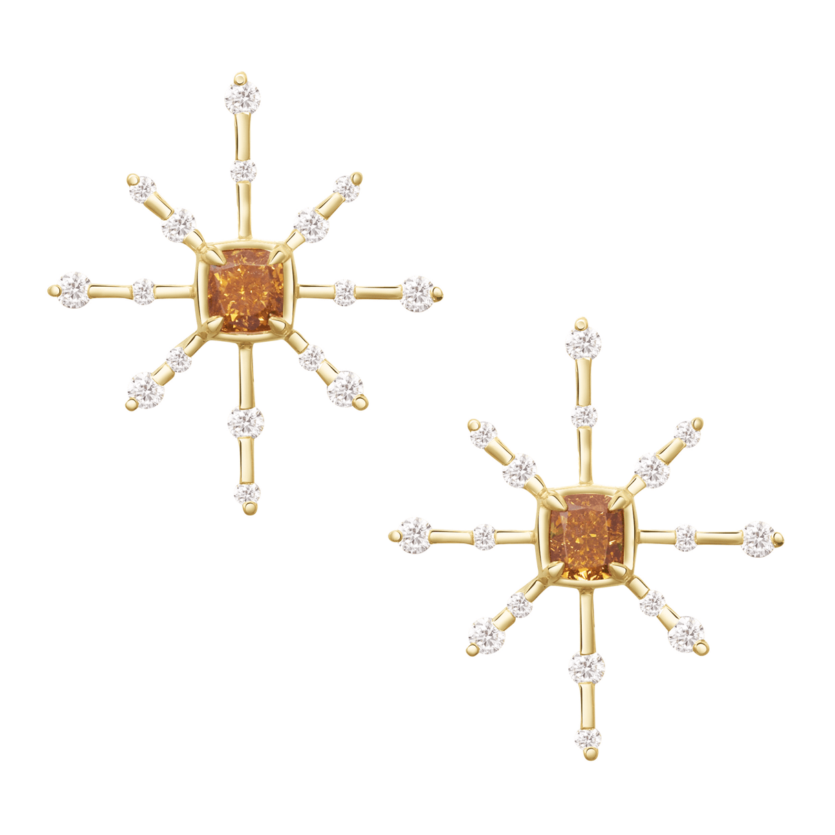 Cognac Diamond Cushion Cut Starburst Earrings 18K Gold Handmde Fine Jewelry