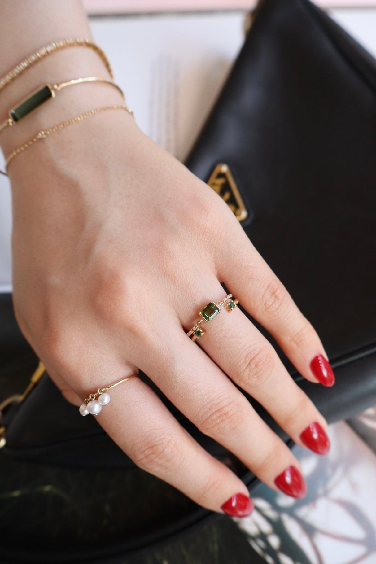 Color Change Green Tourmaline Petite Circle Diamond Ring  18K Stackable ring on model