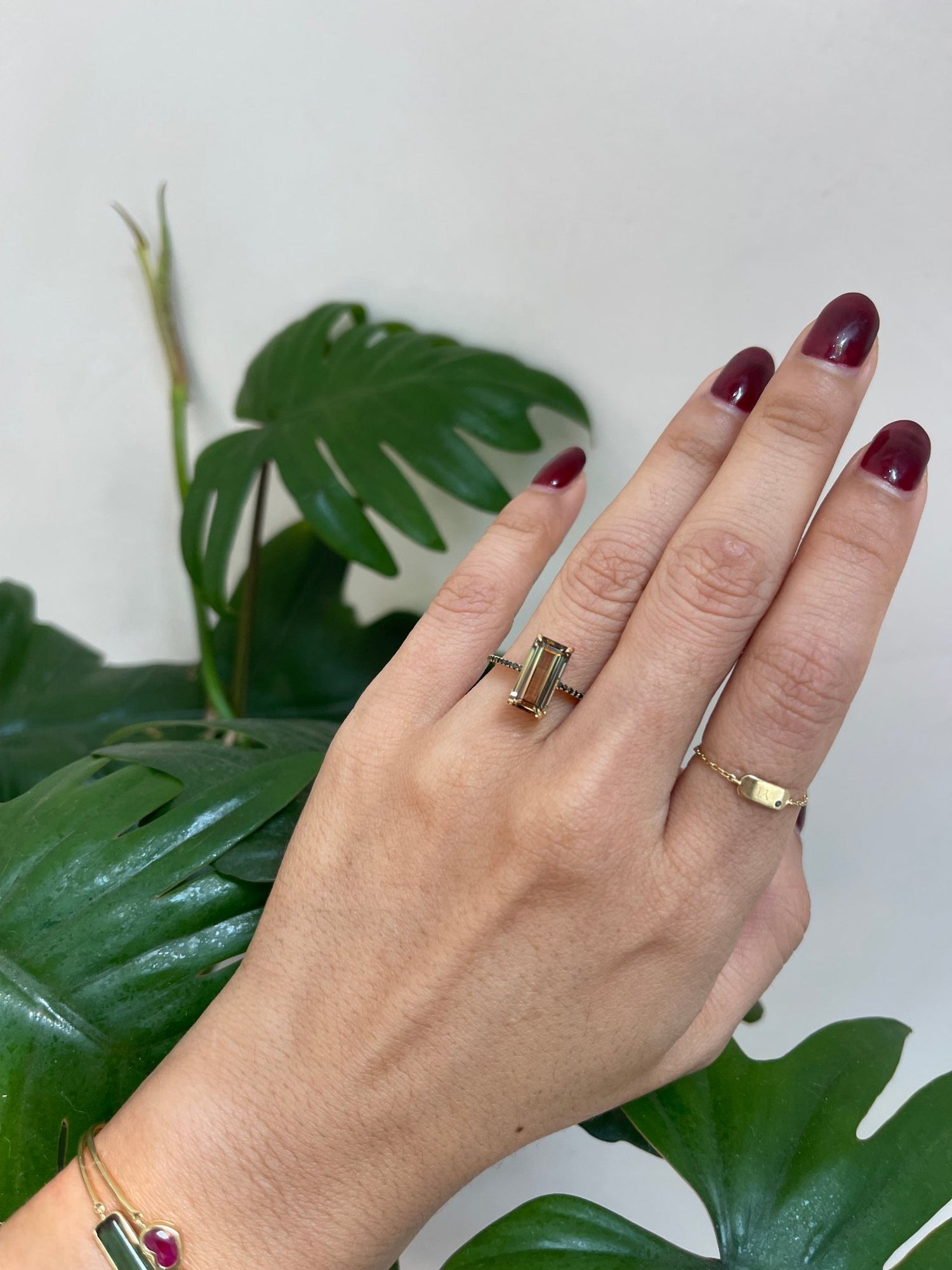 Color Change Watermelon Tourmaline Protection Ring 18k gold engagement ring on model