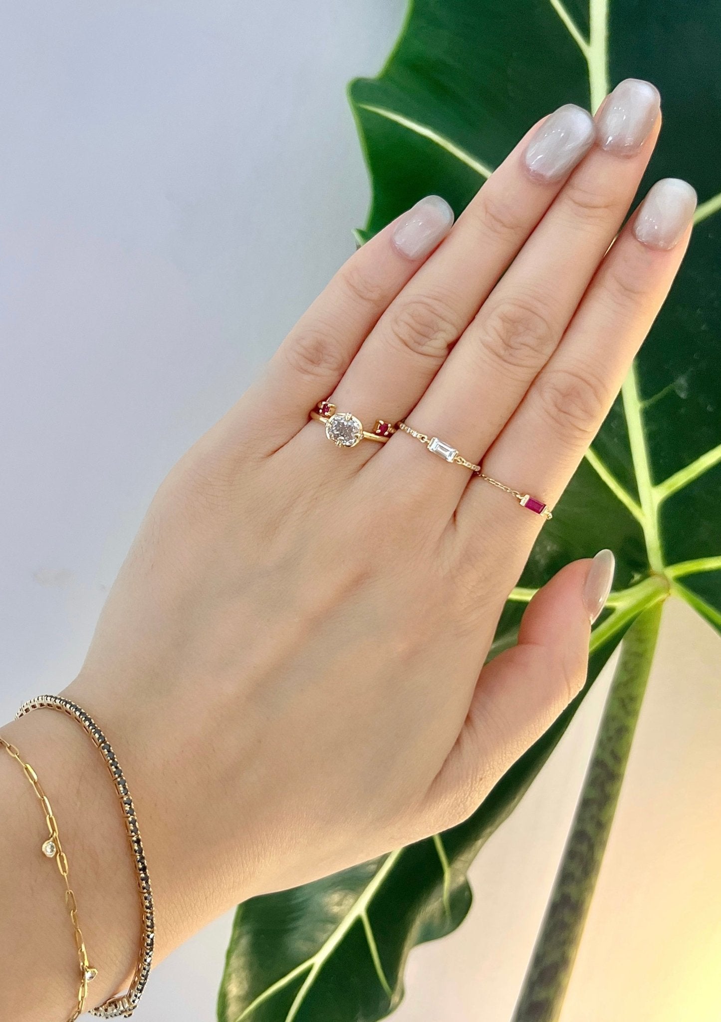 Cushion Champagne Diamond Compass Ring 18k gold engagement ring on model