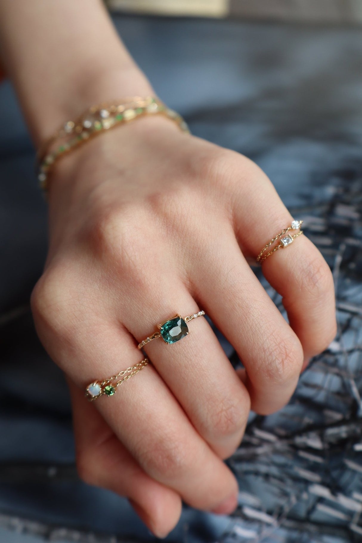 Cushion Indicolite Tourmaline Petite Circle Diamond Ring