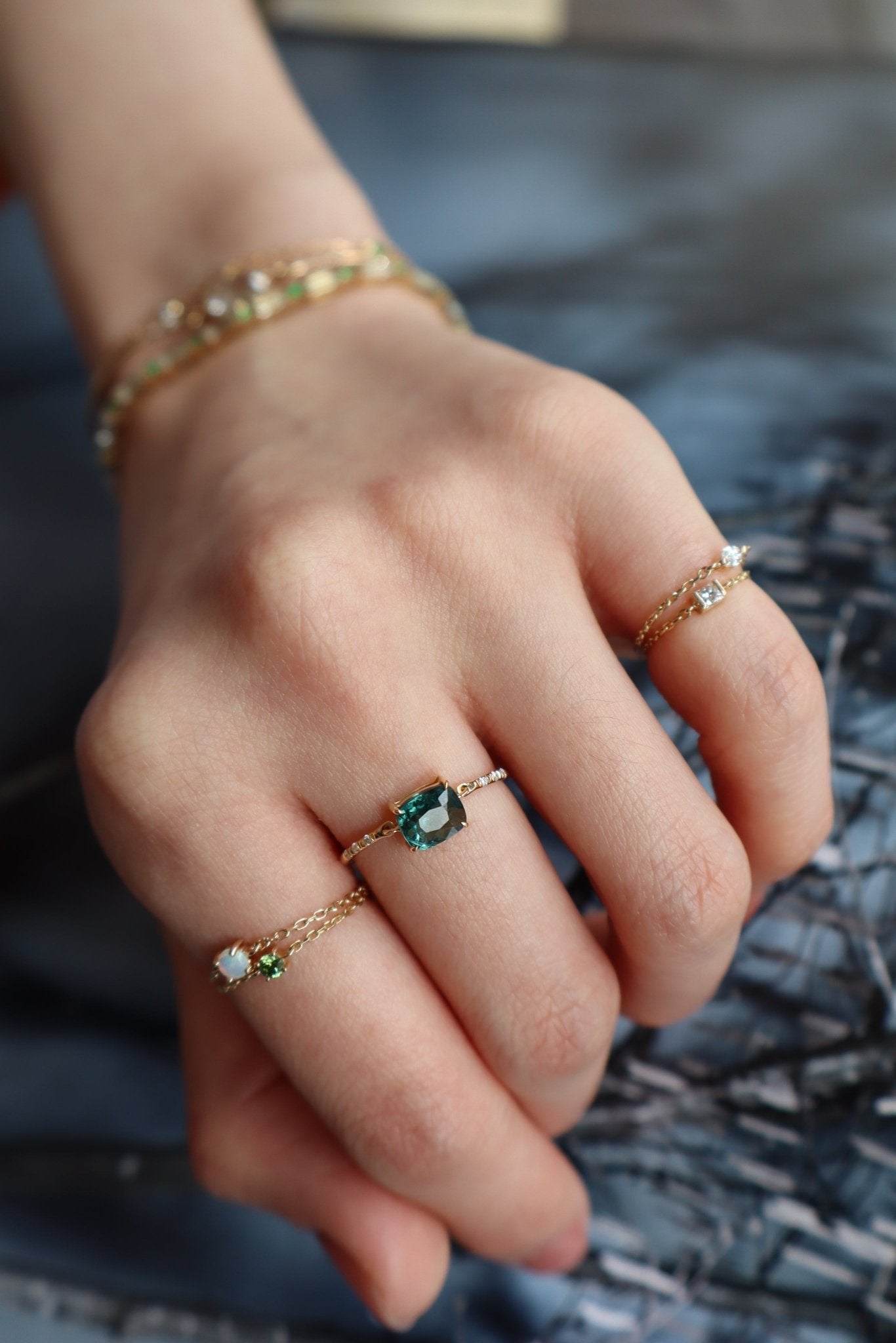 Cushion Indicolite Tourmaline Petite Circle Diamond Ring