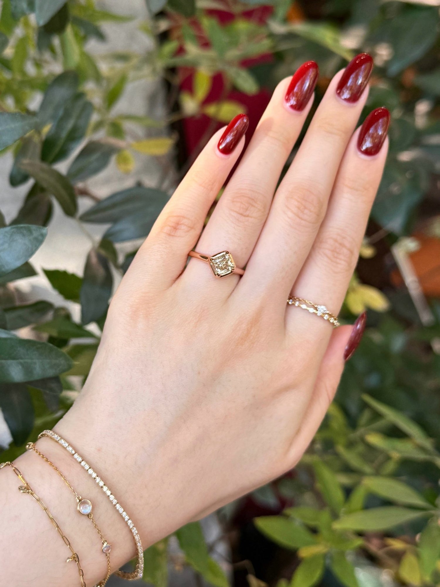 Desert Diamond Compass Ring 18k gold engagement ring on model