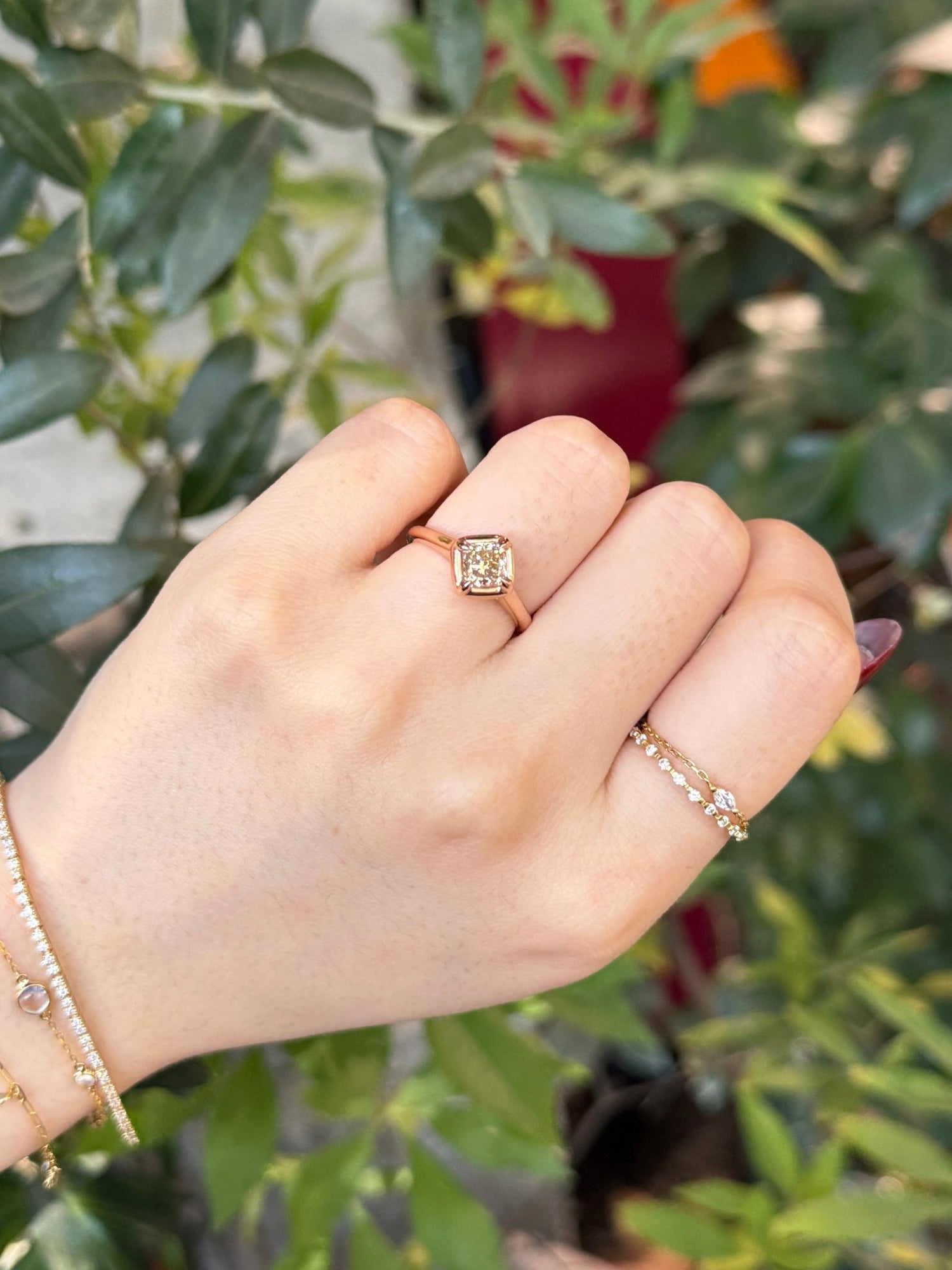 Desert Diamond Compass Ring 18k gold engagement ring on model