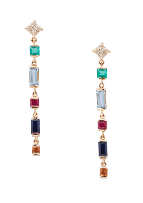Pair of gemstone earrings with diamonds on a white background
