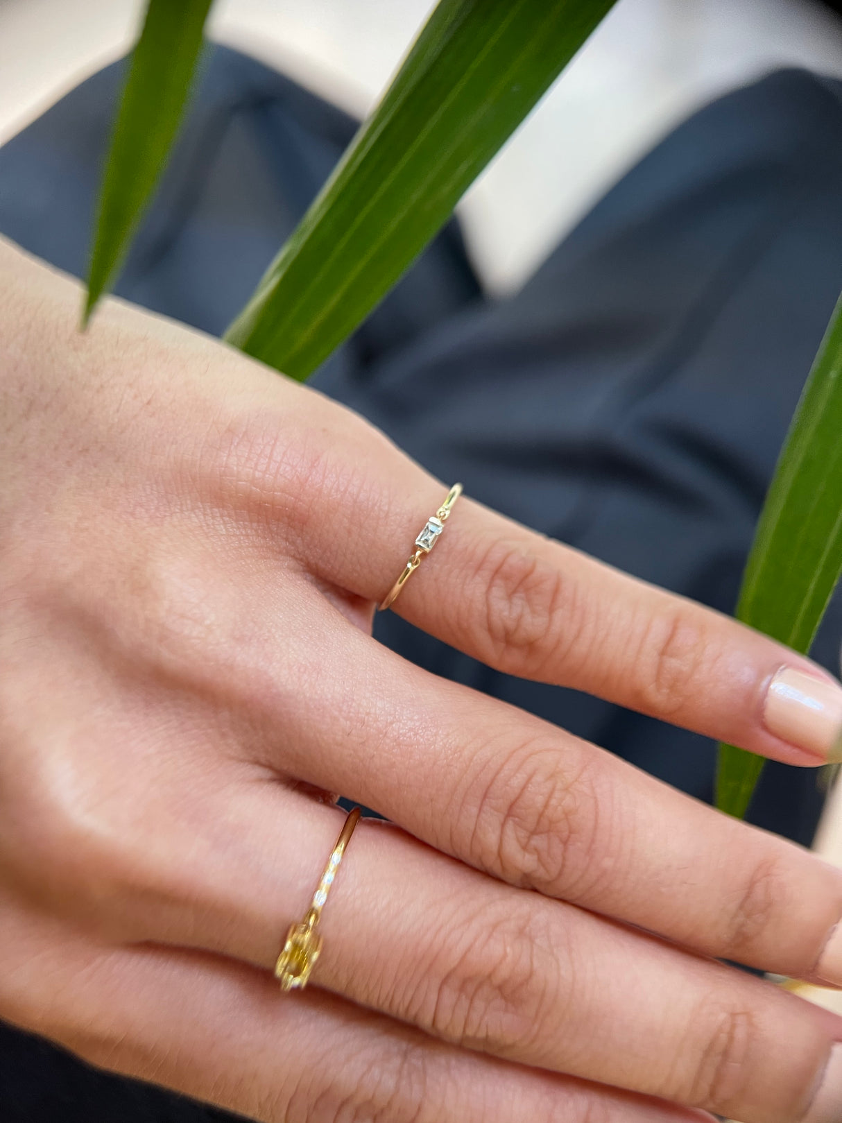 Diamond Baguette Petite Circle Ring 14k gold Stackable ring on model