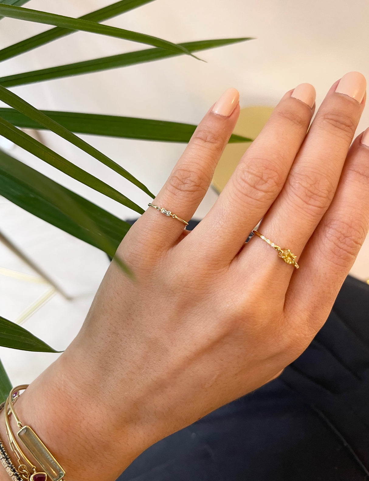 Diamond Baguette Petite Circle Ring 14k gold Stackable ring on model