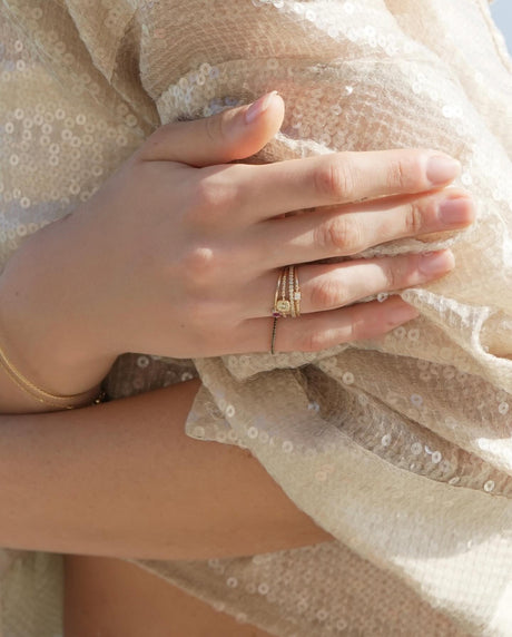 Diamond Cushion Petite Circle Ring 18k gold stackable gold on model