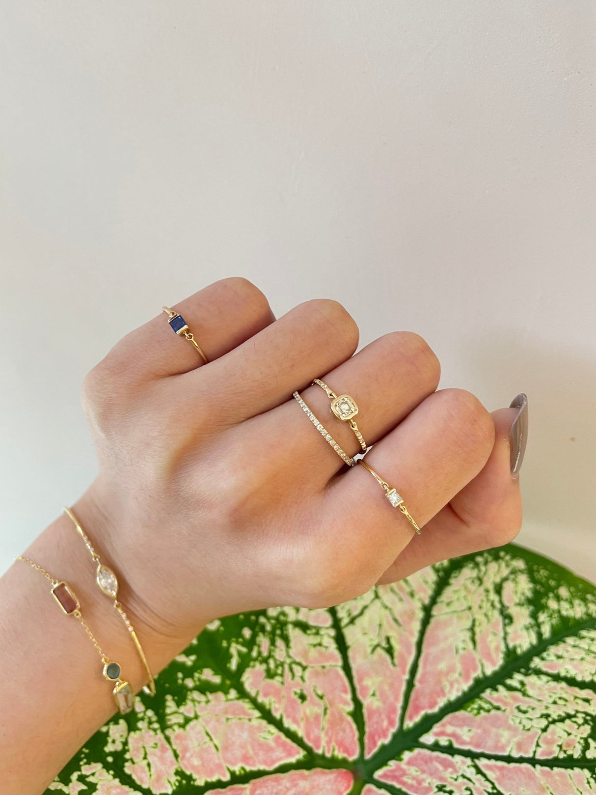 Diamond Cushion Petite Circle Ring 18k gold stackable gold on model 3