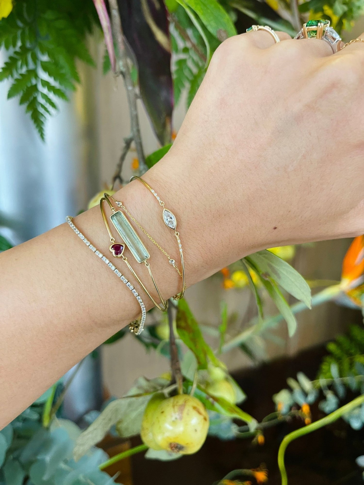 Diamond Marquise Bangle 18k gold stackable design on model