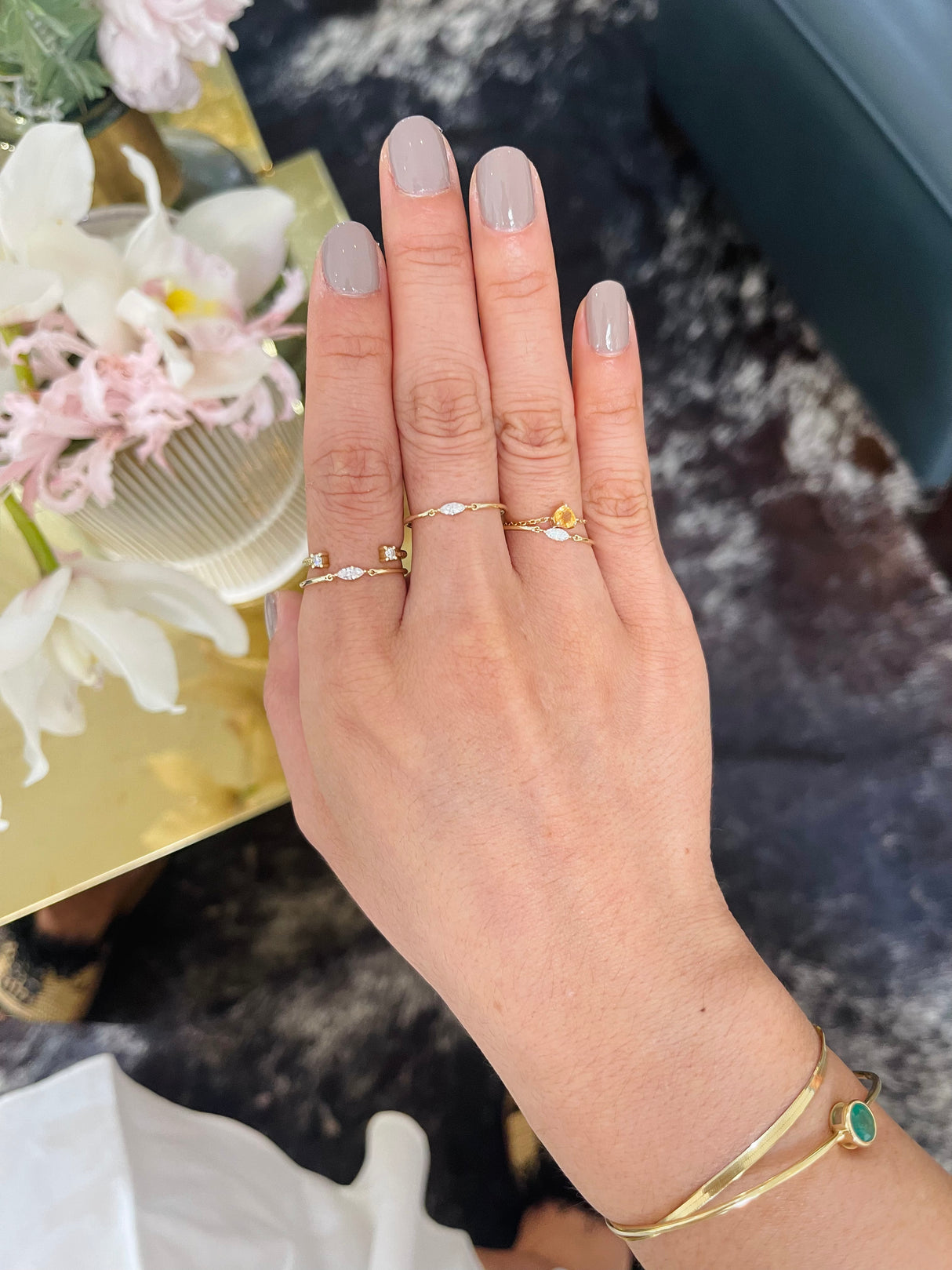 Diamond Marquise Petite Circle Ring 14k gold stackable ring on model 2