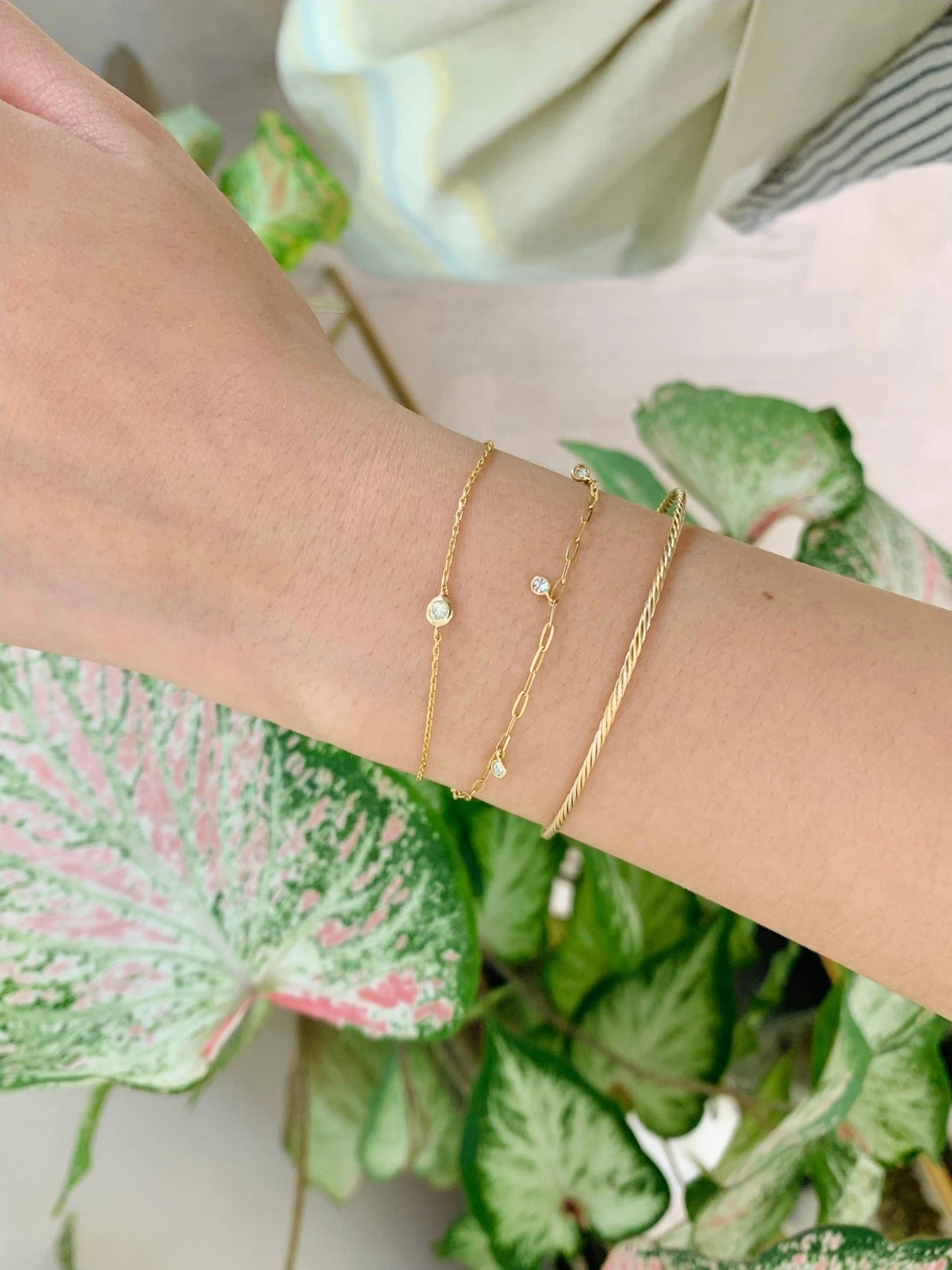 Diamond Petite Button Bracelet 18k gold stackable design on model