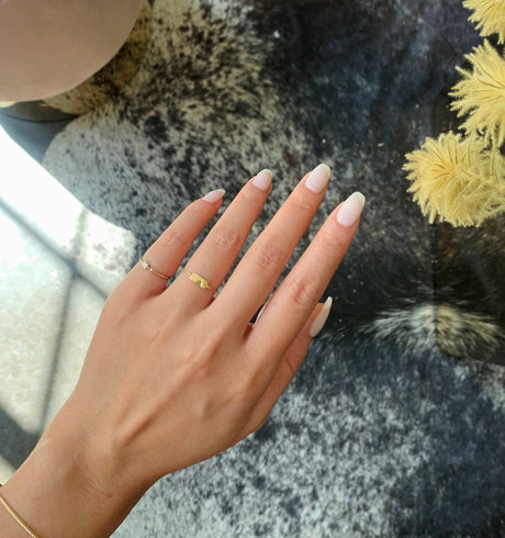 Diamond Princess Cut Petite Circle Ring 14k gold stackable ring on model