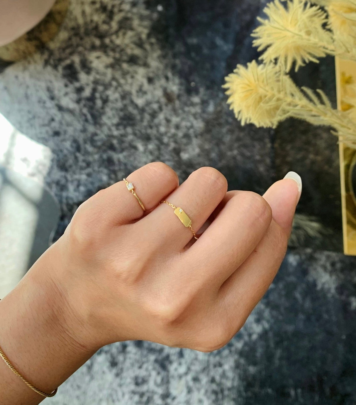 Diamond Princess Cut Petite Circle Ring 14k gold stackable ring on model 2