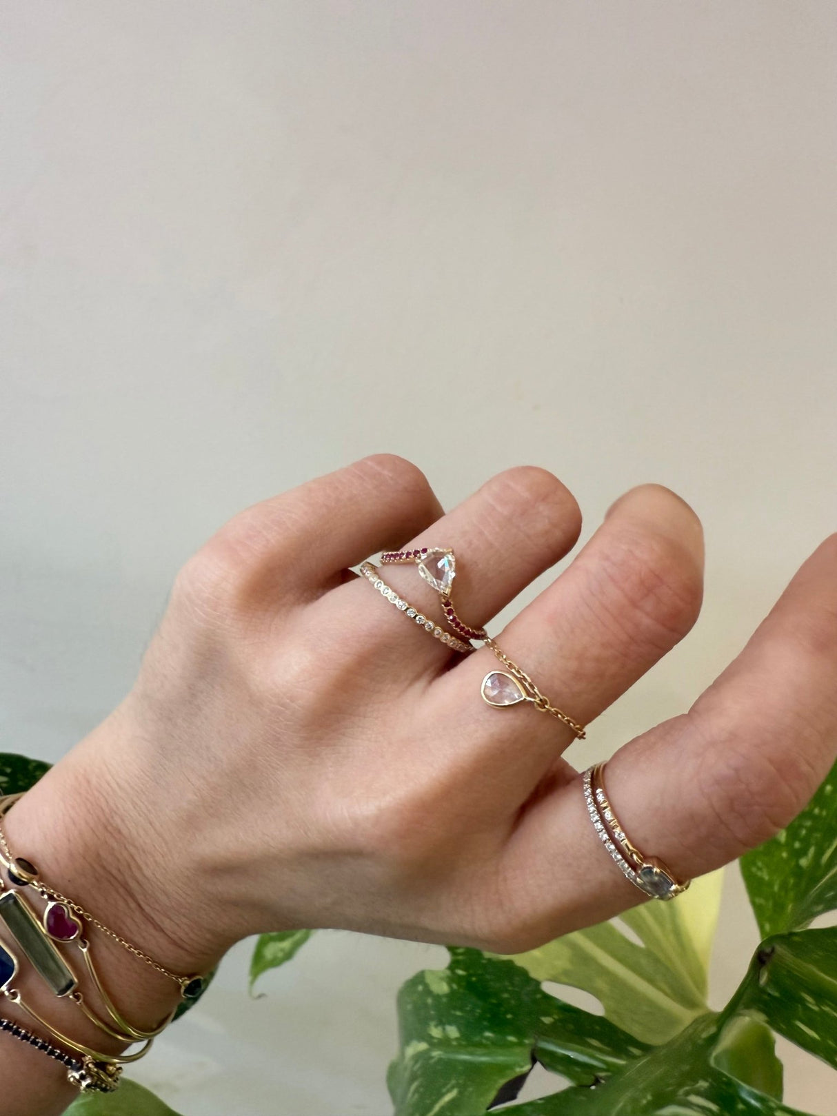 Diamond & Ruby Curvature Ring 18k gold engagement ring on model 1