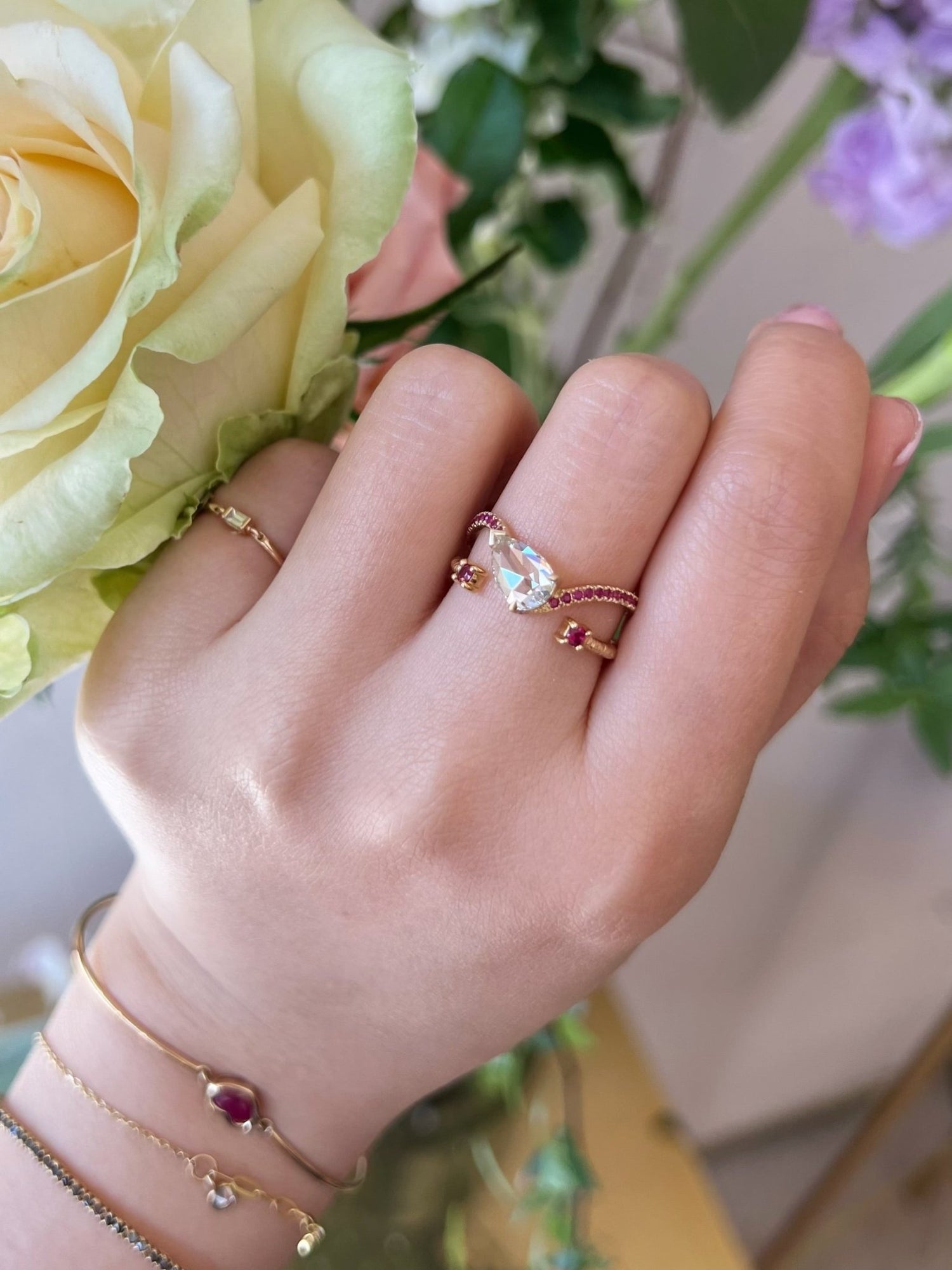 Diamond & Ruby Curvature Supreme Ring 18k gold engagement ring on model