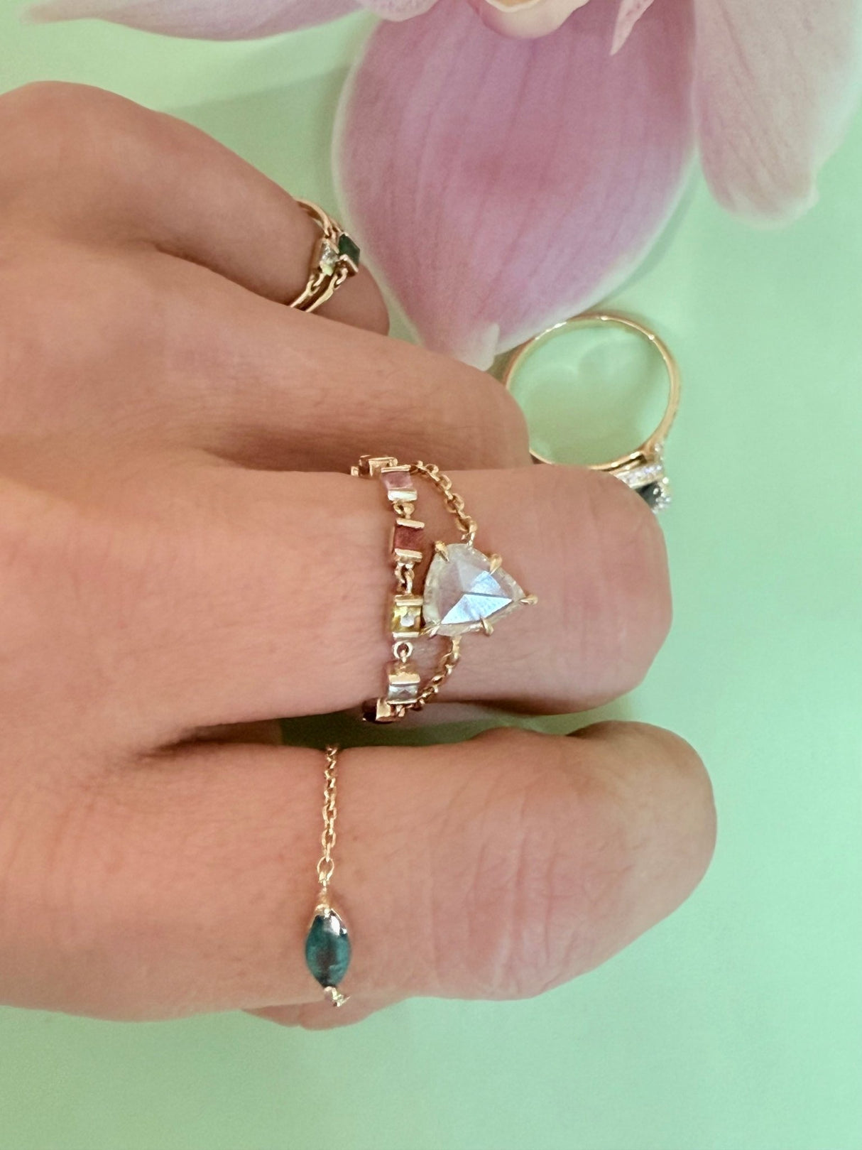 Rose cut diamond chain ring in a ring stack worn on model