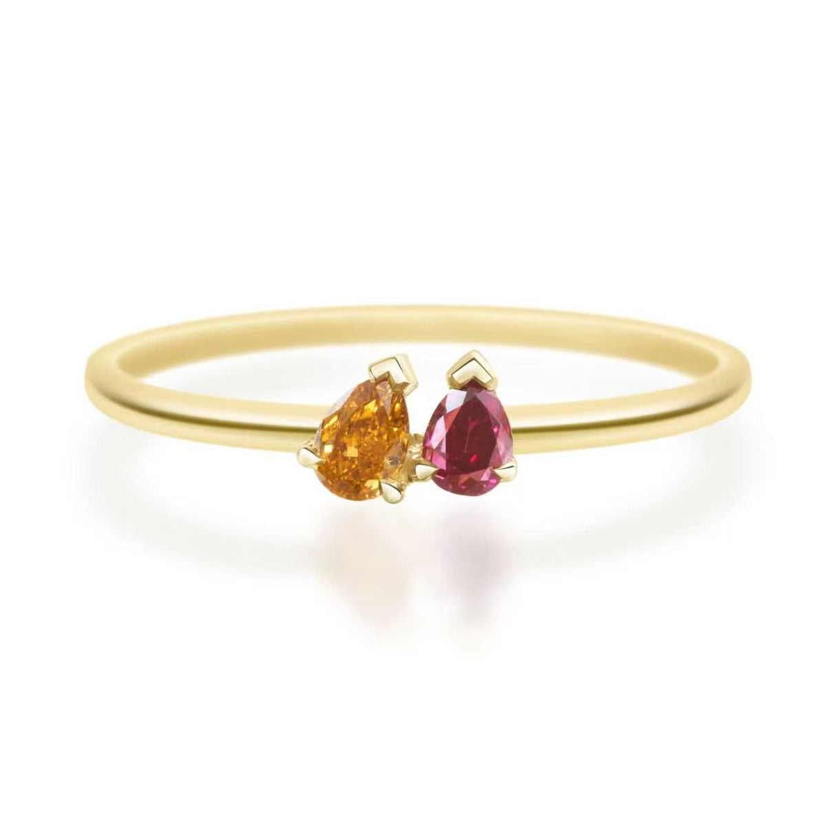 Double Pear Orange and Purple Diamond Ring 18K Stackable ring