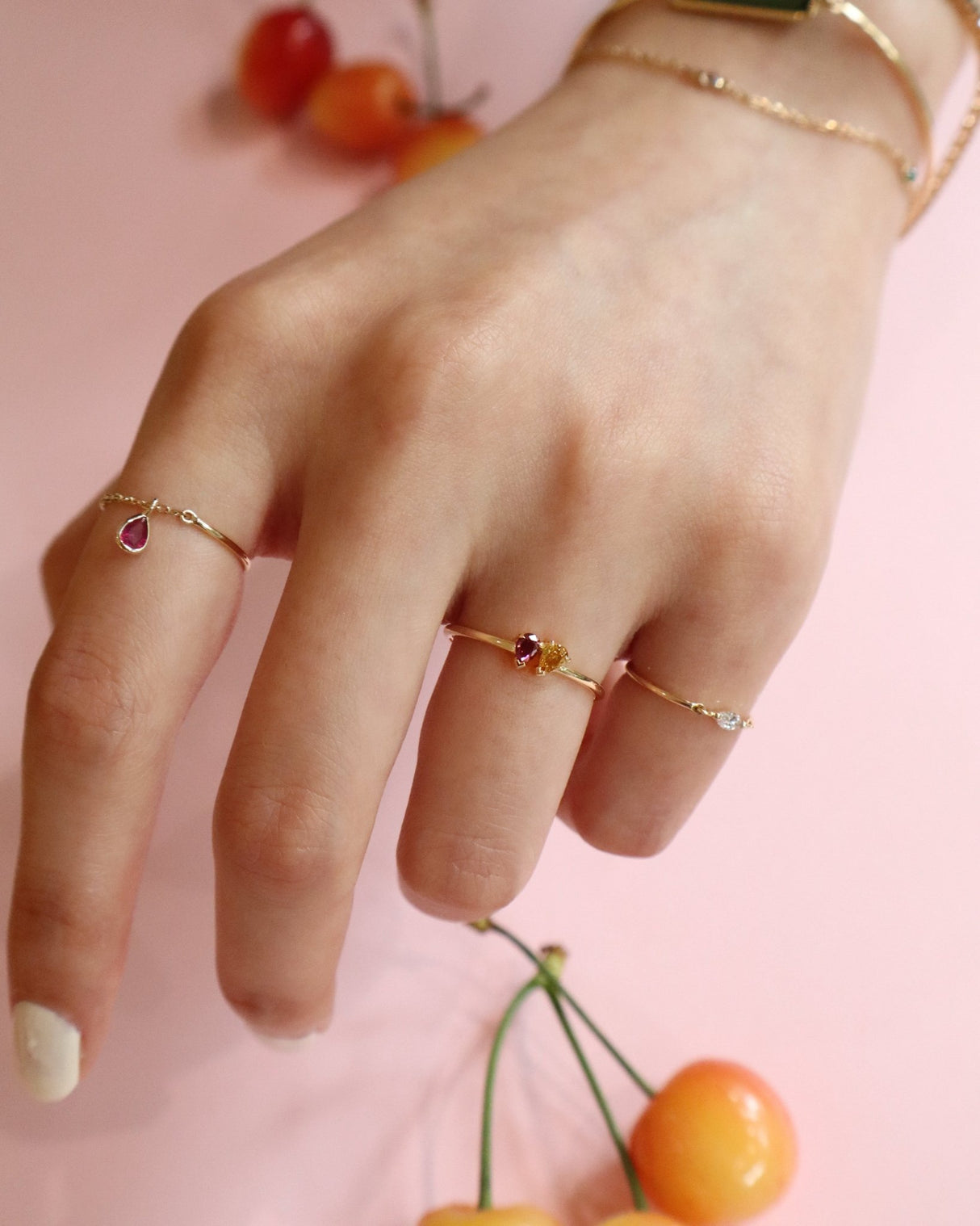 Double Pear Orange and Purple Diamond Ring 18K Stackable ring on model