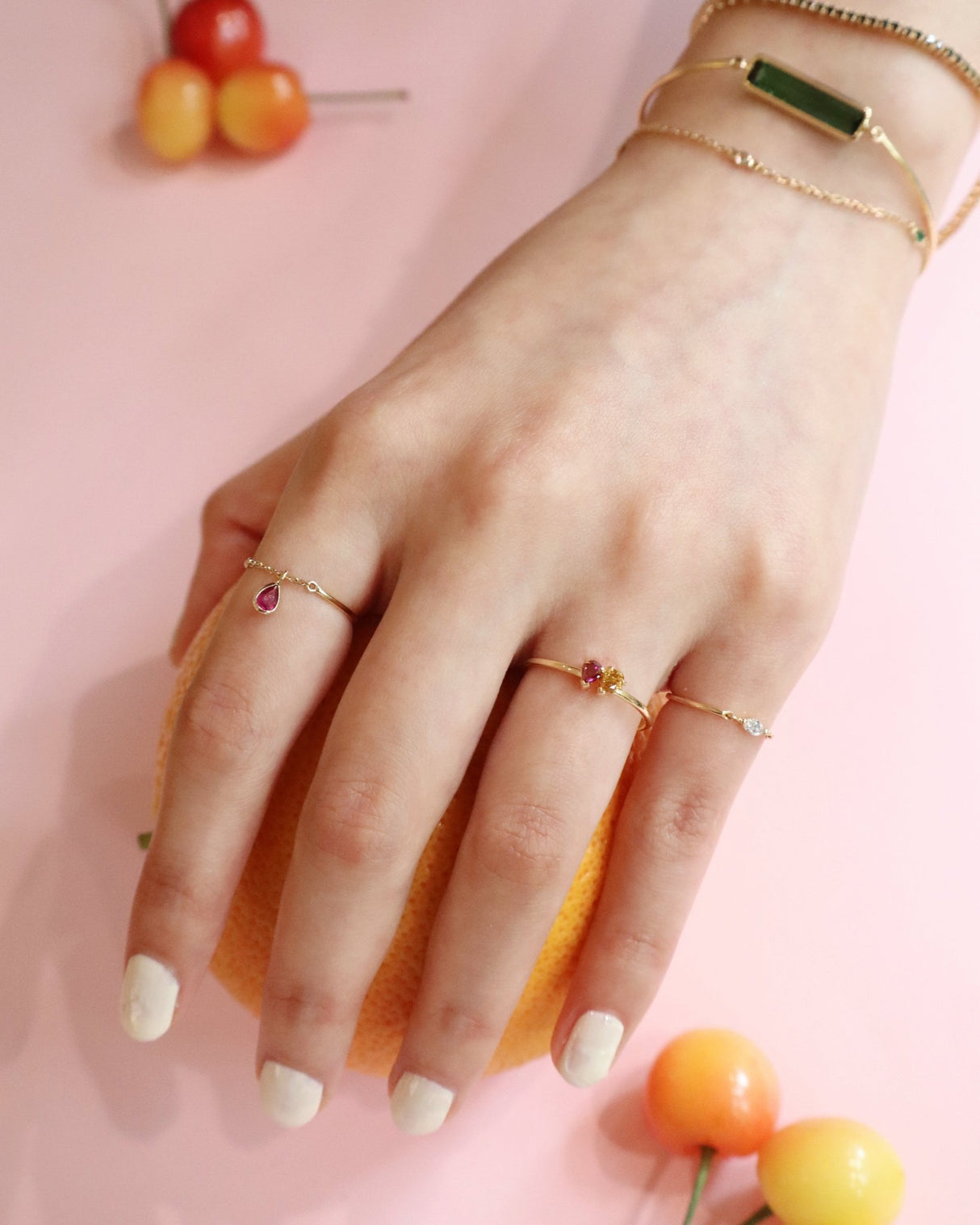 Double Pear Orange and Purple Diamond Ring 18K Stackable ring on model 1