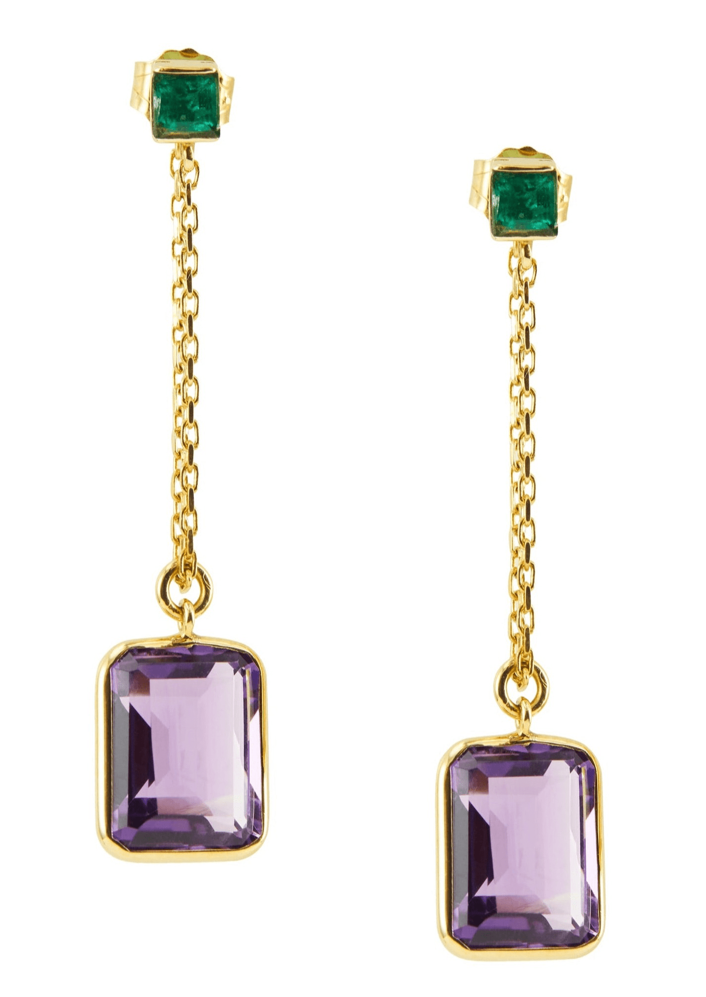 Emerald & Amethyst Earrings 18K Gold Handmade Fine jewelry