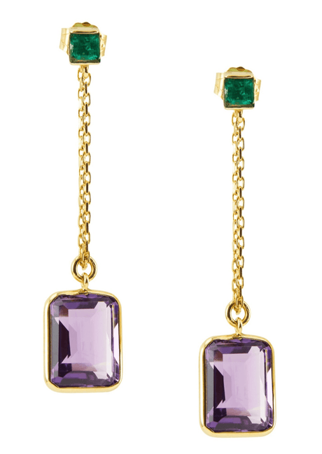 Emerald & Amethyst Earrings 18K Gold Handmade Fine jewelry