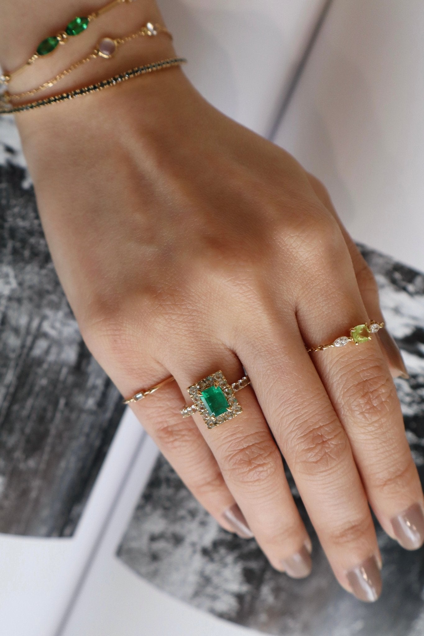 Emerald & Aquamarine Candy Ring 18K engagement ring on model 2