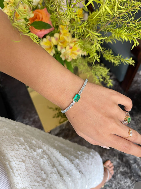 Emerald & Aquamarine Demeter’s Spring Bracelet 18k gold stackable design on model