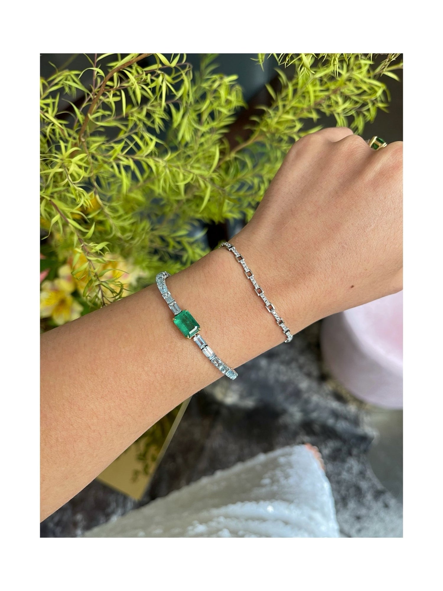 Emerald & Aquamarine Demeter’s Spring Bracelet 18k gold stackable design on model 2