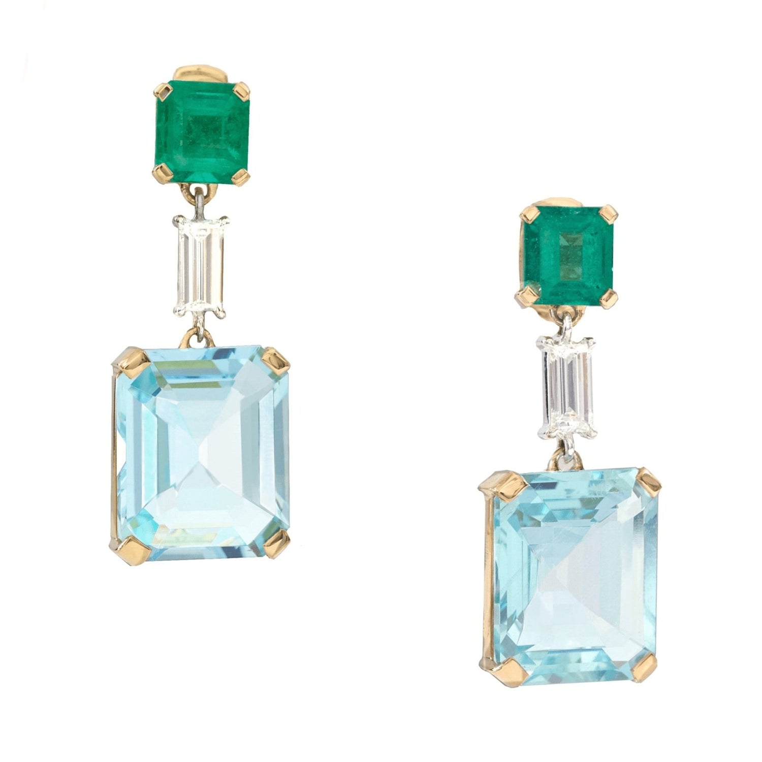 Emerald Aquamarine & Diamond Spring Bar Earrings