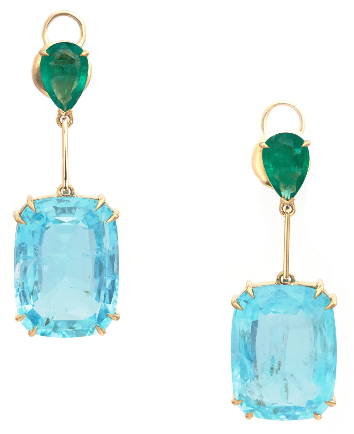 Emerald & Aquamarine Spring’s Dewdrop Earrings. Exquisite handcrafted 18k earrings by female artisans in our Bangkok studio. Vivid green emerald paired with aquamarines from Madagascar and emeralds from Gemfields. Sustainably sourced and adds just the right pop of color. 