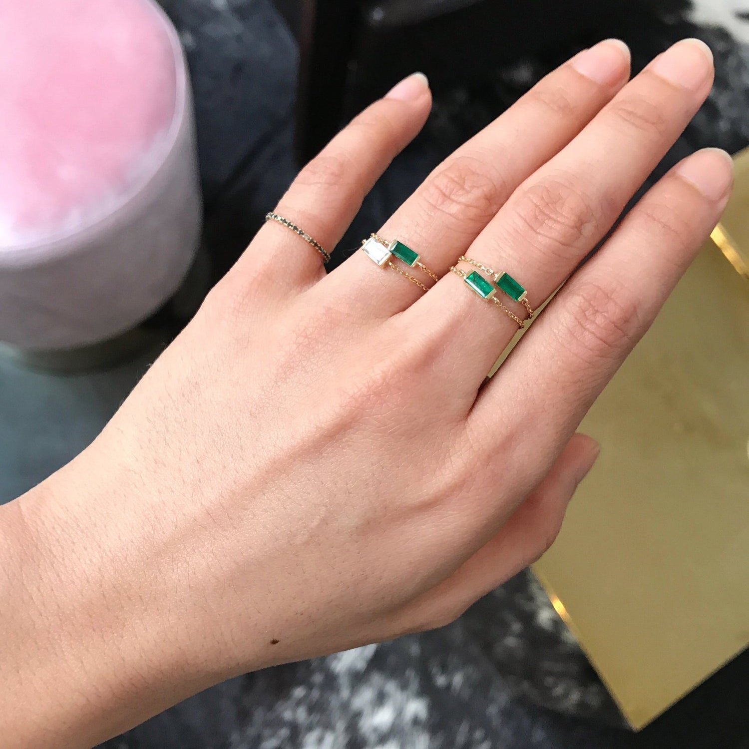 Emerald Baguette Chain Ring 14k gold Stackable ring  on model 