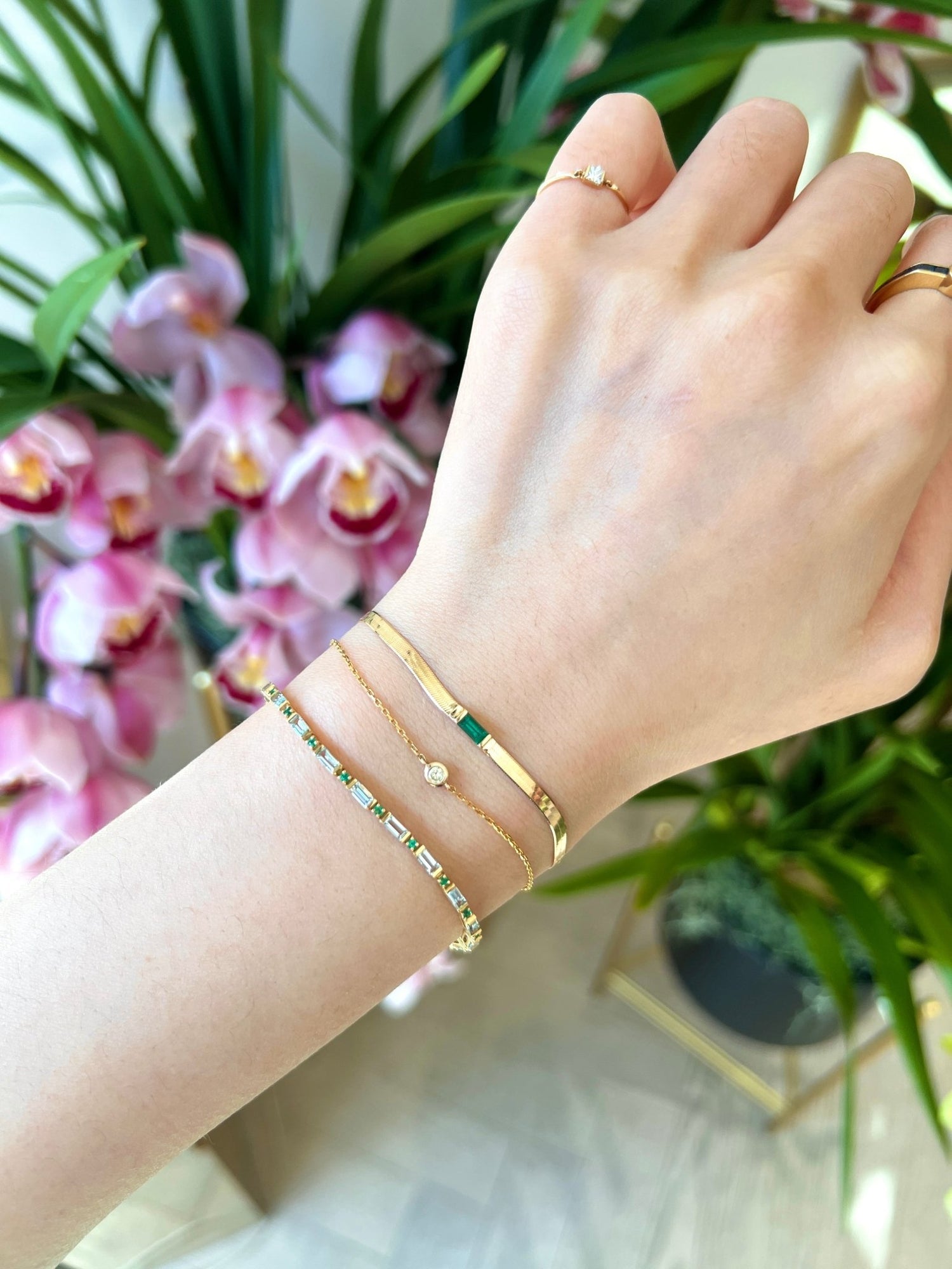 Emerald Bar Herringbone Bracelet 18k gold stackable design on model 2