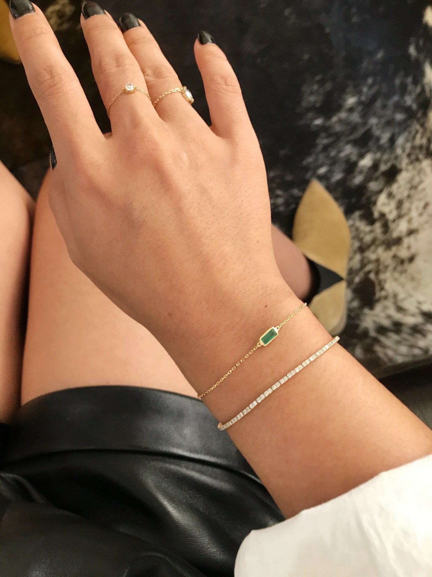 Emerald Bracelet 18k gold stackable design on model