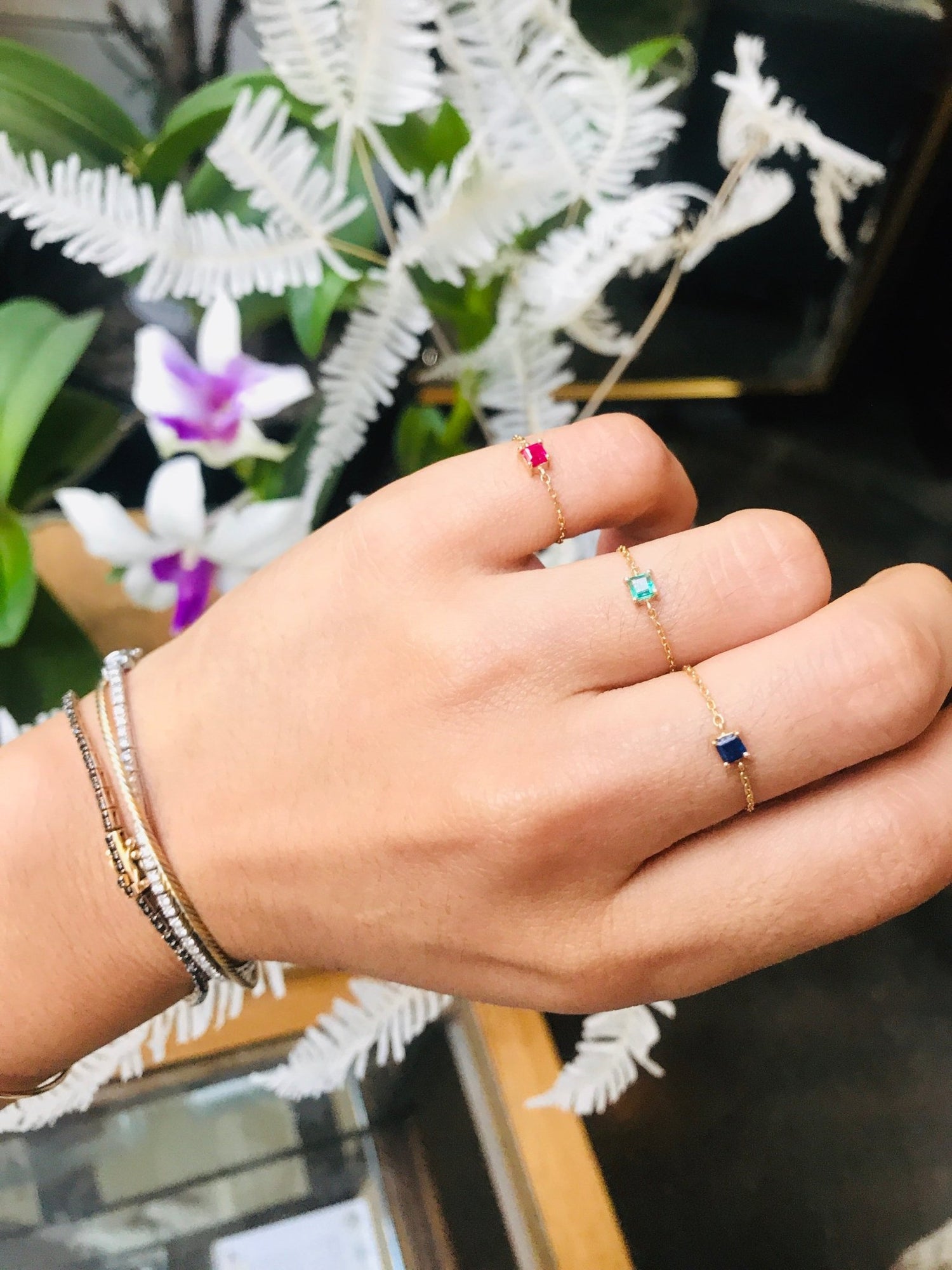 Emerald Chain Ring 14k gold Stackable ring on model