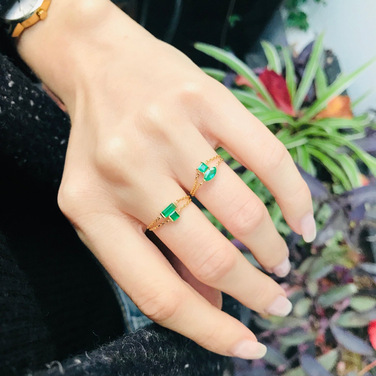 Emerald Chain Ring 14k gold Stackable ring on model