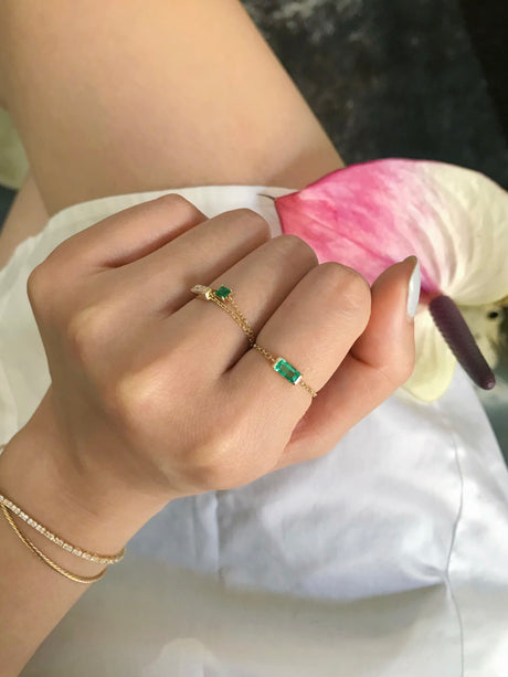 Emerald Cut Chain Ring 14k gold Stackable ring on model