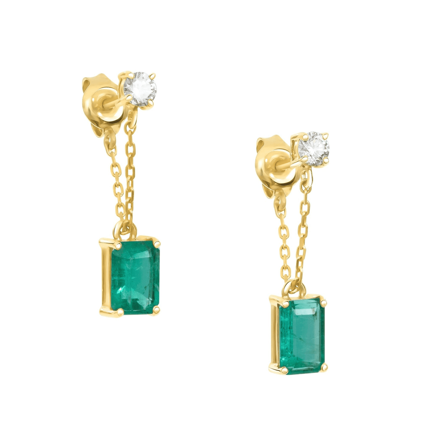 Emerald & Diamond Deco Chain Earring 18K Gold Handmade Fine Jewelry