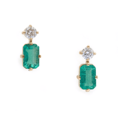 Emerald & Diamond Deco Earrings 18K Gold Handmade Fine Jewelry