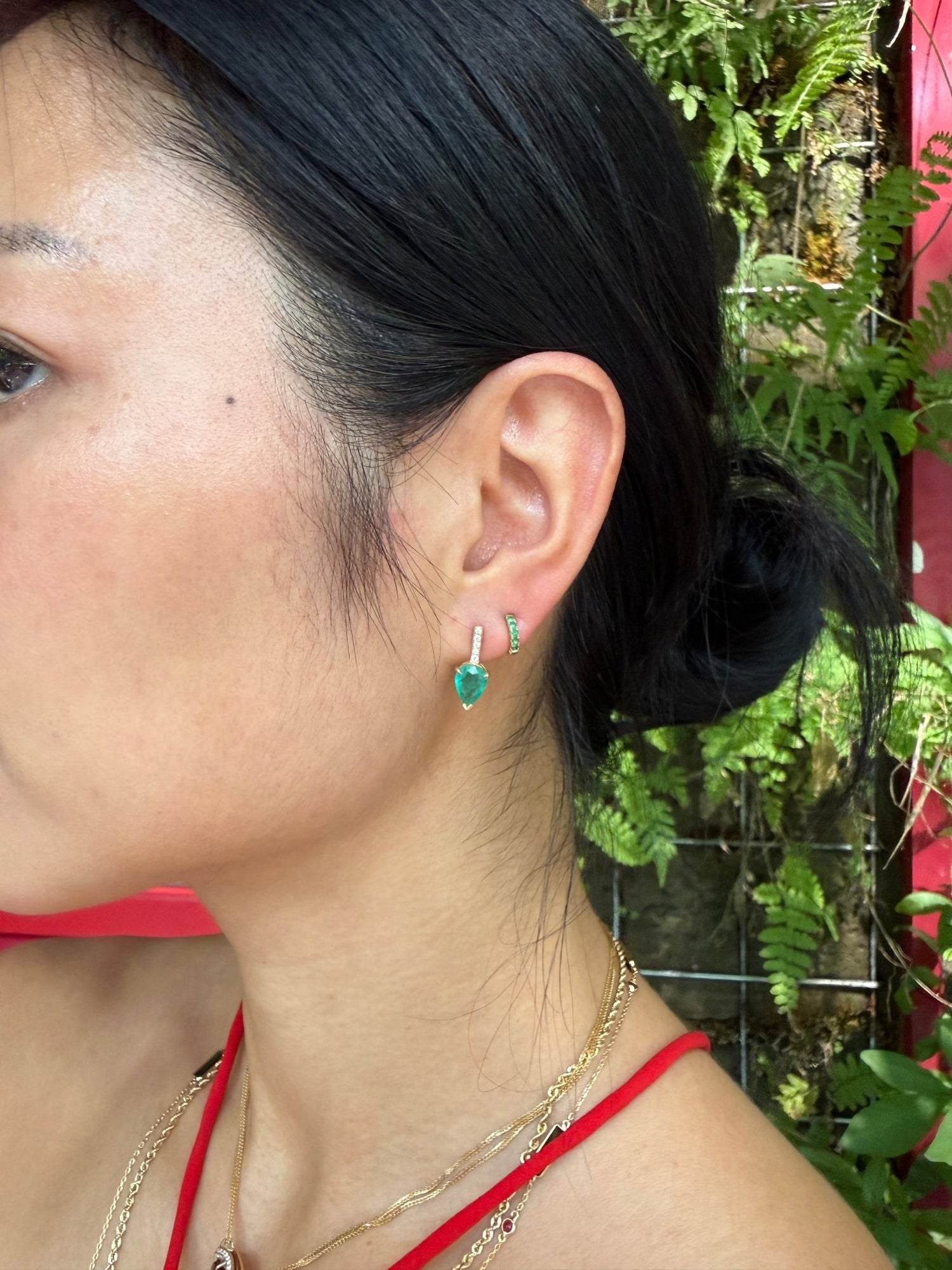 Emerald & Diamond Dewdrop Earrings 18k gold  Handmade fine jewelry on model 1
