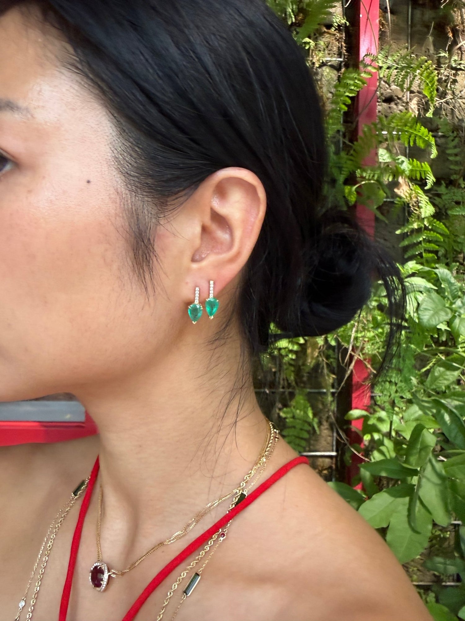 Emerald & Diamond Dewdrop Earrings 18k gold  Handmade fine jewelry on model 2
