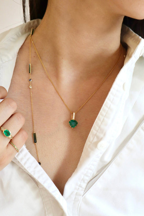 Emerald & Diamond Dewdrop Pendant Necklace 18K gold handmade fine jewelry on model