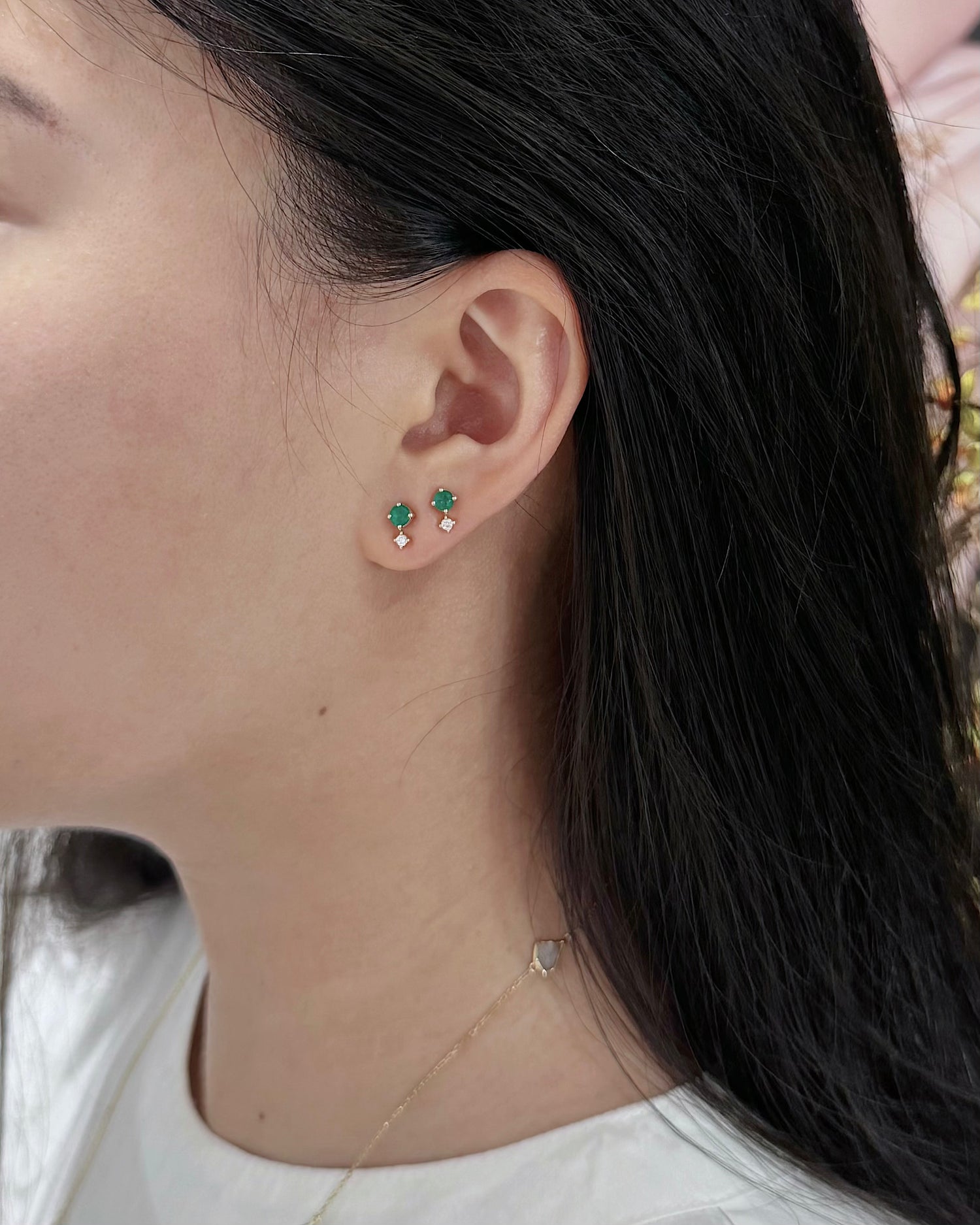 Emerald_Diamond_Dot_Stud_Pairs_18K_gold_handmade_fine_jewelry_on_model_1