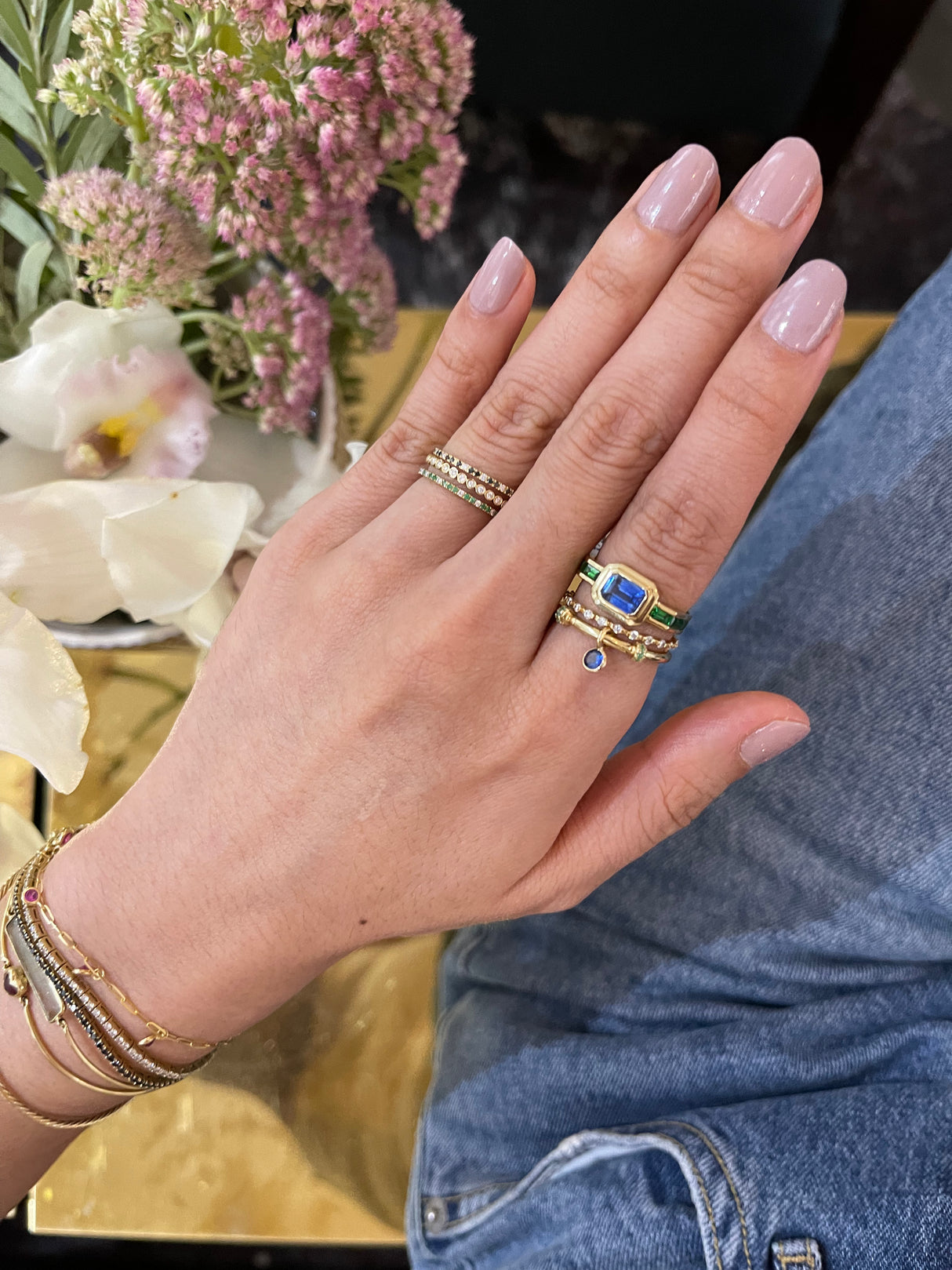 Emerald & Diamond Infinite Ring 18k gold stackable ring on model