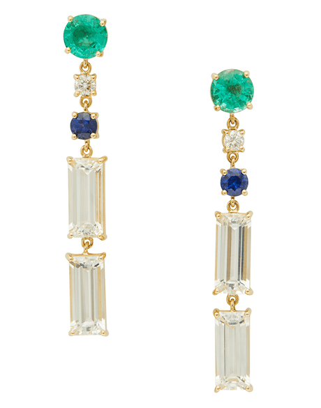 Emerald Diamond Sapphire & White Topaz Starry Nights Earrings 18K Gold Handmade Fine Jewelry