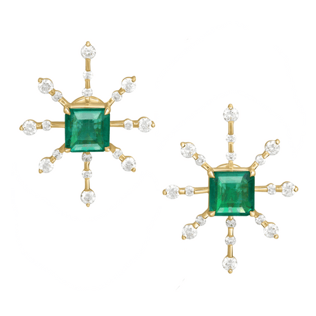 Emerald & Diamond Starburst Earrings 18K Gold Handmade Fine Jewelry