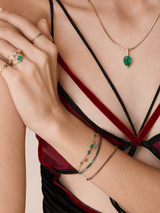 Emerald & Diamond Supreme Arrow handmade Necklace in 18k gold on model